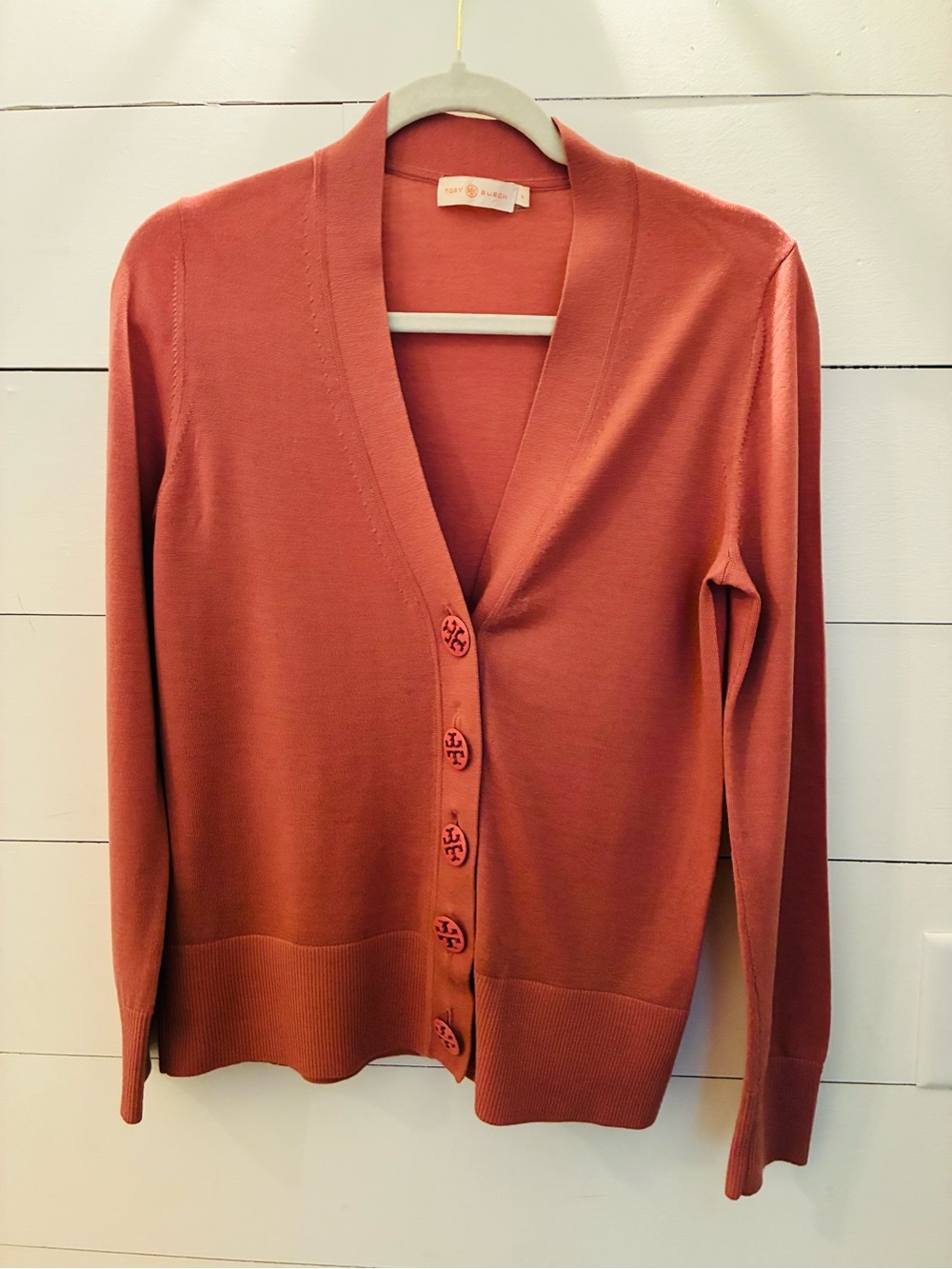 Tory Burch 100% Merino Wool V Neck Logo Button Cardigan M
